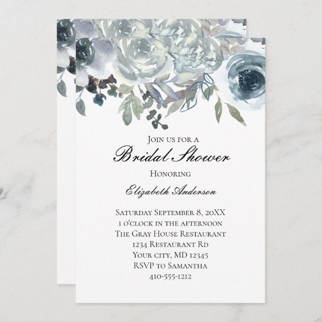 Blommigt för Elegant med blå Grått-Grönt, vattenfä Inbjudningar (Fram/baksida)