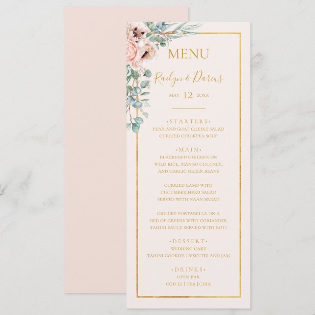  Blommigt för elegant | Pastel Bröllop Middag Menu Meny (Fram/baksida)