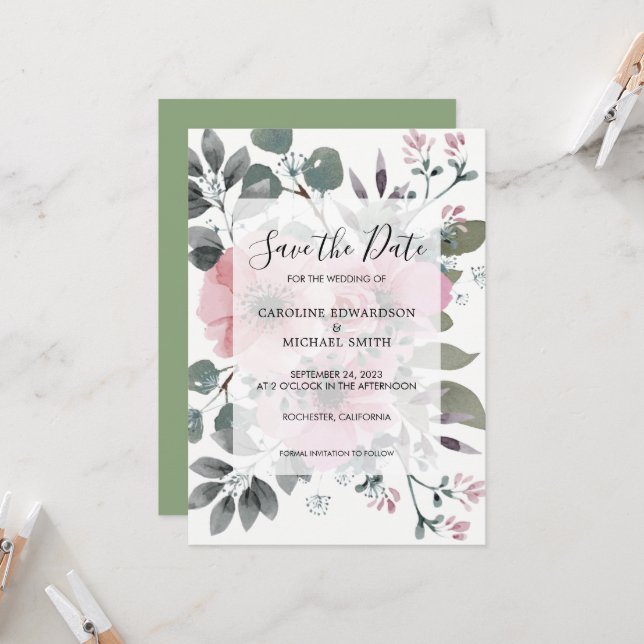 Blommigt för elegant vattenfärg Spara datum Inbjudningar (Fram/Back In Situ)