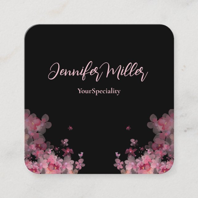 blommigt för elegantens vattenfärg svart  fyrkantigt visitkort (Framsida)