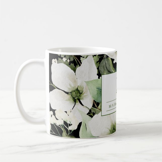 blommigt för elegantens vattenfärg, svart och vit kaffemugg (Vänster)