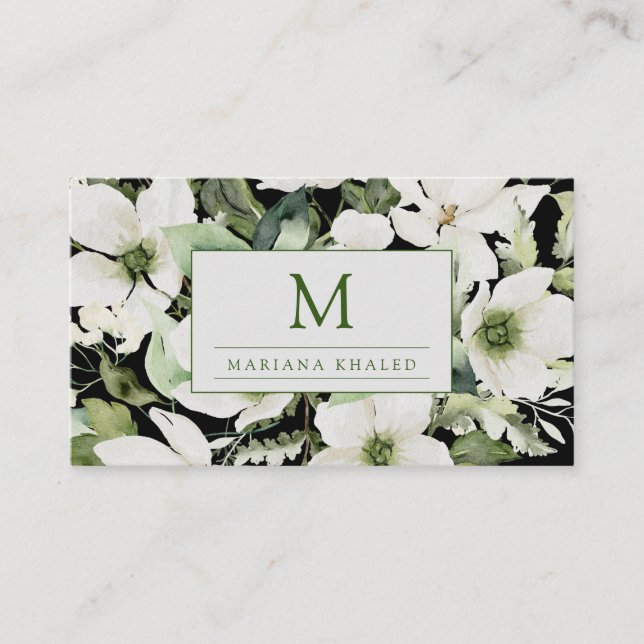 blommigt för elegantens vattenfärg, svart och vit visitkort (Framsida)