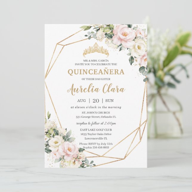  Blommigt för elfenbensRosa Geometric Quinceañera Inbjudningar (Stående Fram)