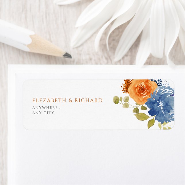 Blommigt för fallande Orange för marin blå förbrän Returadress Etikett (Insitu)