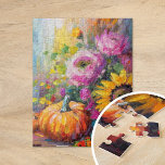 Blommigt för färgad höst och pumpor pussel<br><div class="desc">En levande, modern abstrakt som målar upp en lekfull arrangemang av pumpor, solblommor och annan falllöv. Rikens hösthuvar som bränd orange, djup , nyp och gyllene blandning med mjuka penseldrag och fet stänk av färg. Abstrakten stil tillför en contemporary till det traditionella temat för fallskörd, genom att fånga säsongens värme...</div>