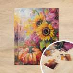 Blommigt för färgad höst och pumpor pussel<br><div class="desc">En levande, modern abstrakt som målar upp en lekfull arrangemang av pumpor, solblommor och annan falllöv. Rikens hösthuvar som bränd orange, djup , nyp och gyllene blandning med mjuka penseldrag och fet stänk av färg. Abstrakten stil tillför en contemporary till det traditionella temat för fallskörd, genom att fånga säsongens värme...</div>