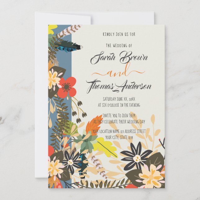 BLOMMIGT FÖR FÄRGBURNT BLUE BOHO INBJUDNINGAR (Framsida)