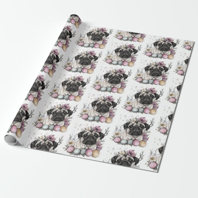 Blommigt för färgen Cute pug Påsk Presentpapper (Utrullad)