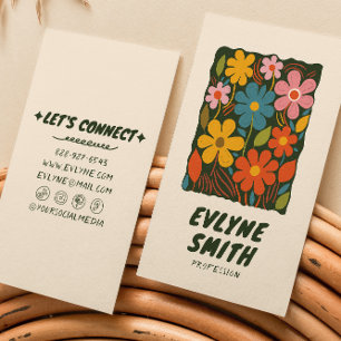 Blommigt för färgfull Retro-Funky i Trendig Hand p Visitkort