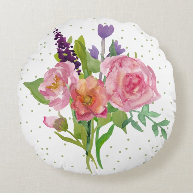 Blommigt för färgfyllning av vattenfärg, dekorfärg rund kudde (Framsidan)