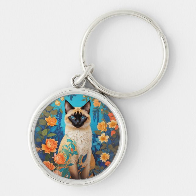 Blommigt för färglös blå siamesisk katt rund silverfärgad nyckelring (Framsidan)