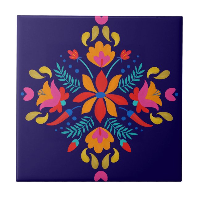 Blommigt för färglös mexikansk folkart kakelplatta (Framsidan)
