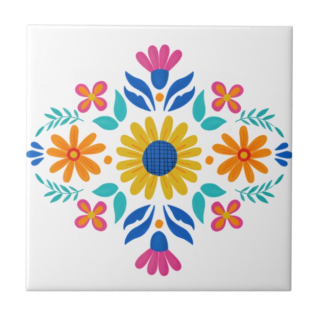 Blommigt för färglös mexikansk folkart kakelplatta (Framsidan)