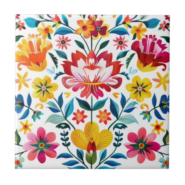 Blommigt för färglös mexikansk folkart kakelplatta (Framsidan)