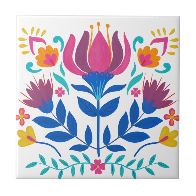 Blommigt för färglös mexikansk folkart kakelplatta (Framsidan)