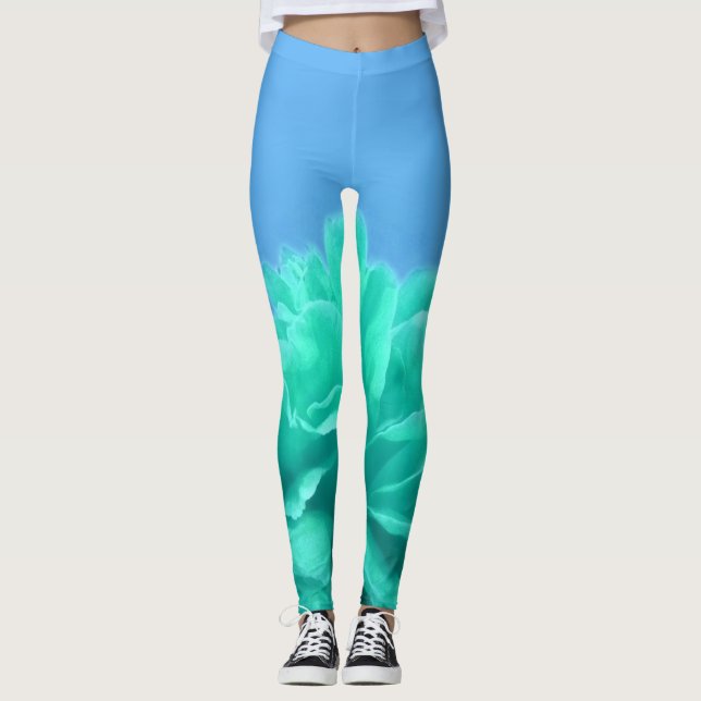 Blommigt för färgstark blå Grönt Leggings (Framsida)