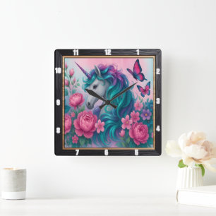 Blommigt för färgstark Unicorn Butterfly Fyrkantig Klocka