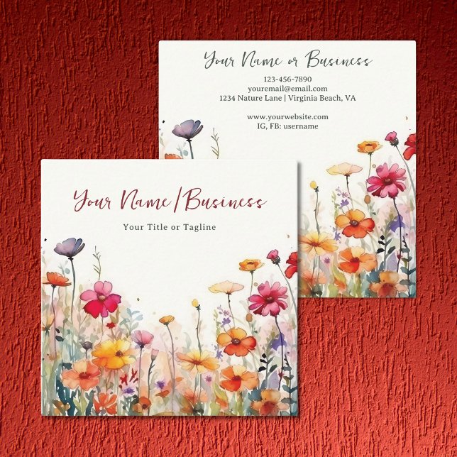 Blommigt för färgstarka Wildblommor Vibrant Blomst Fyrkantigt Visitkort (Front and Back - Colorful Wildflowers Vibrant Flower Garden Floral Square Business Card)