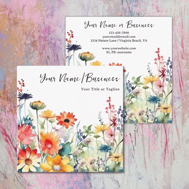 Blommigt för färgstarka Wildblommor Vibrant Blomst Fyrkantigt Visitkort (Front and Back - Colorful Wildflowers Vibrant Flower Garden Floral Square Business Card)