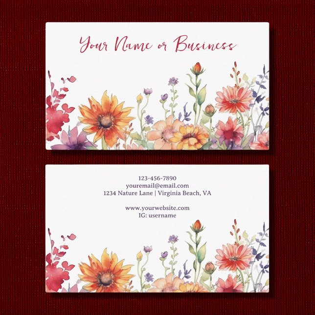 Blommigt för färgstarka Wildblommor Vibrant Blomst Visitkort (Front and Back - Colorful Wildflowers Vibrant Flower Garden Floral Business Card)