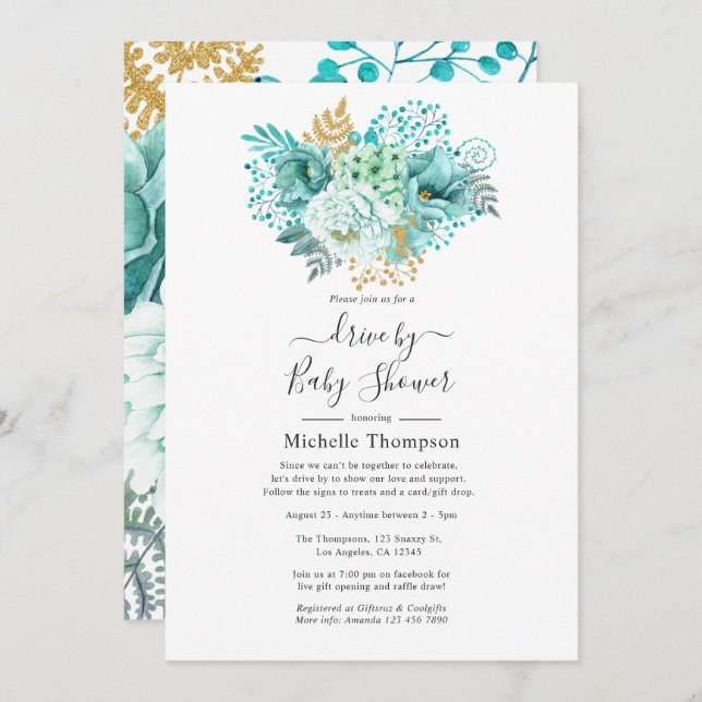 Blommigt för färgton Mint och Guld efter visningsp Inbjudningar (Fram/baksida)