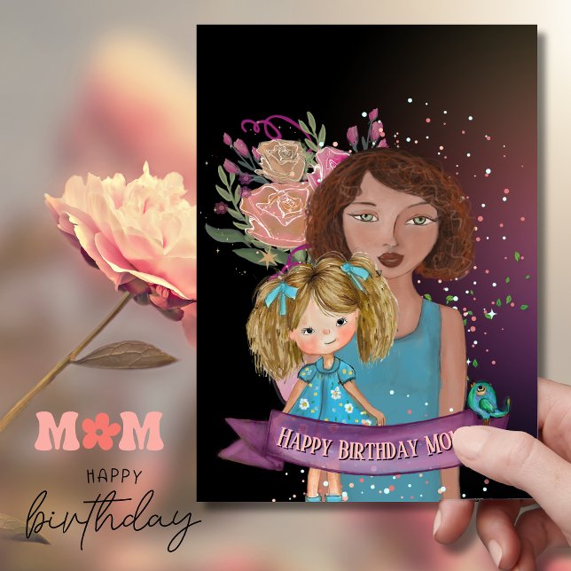 blommigt för födelsedagskort i mamma och dotter ti julkort (Mom and Daughter Illustration floral Birthday Card)