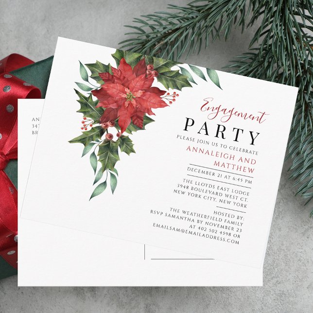 Blommigt för Förlovningsfest av julHelgdag Inbjudan Vykort (Christmas Holiday Engagement Party Floral Invitation Postcard)