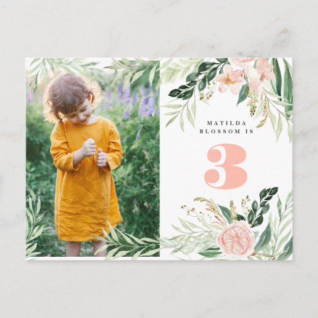 blommigt för fotofödelsedagsinbjudan för rosa vatt helg vykort (Framsida)