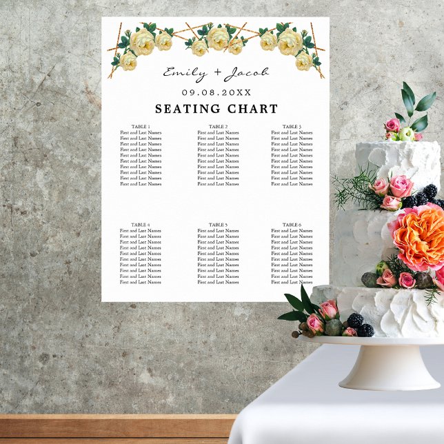 Blommigt för geometrisk Gult i sätesdiagram Guld,  Poster (Gold Geometric Yellow Floral Wed 60 Seating Chart)