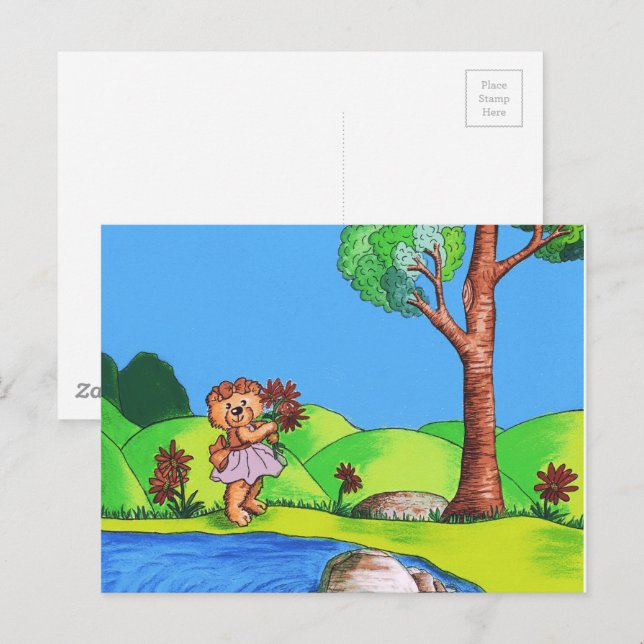 Blommigt för Girly Bear Land Vykort (Fram/baksida)