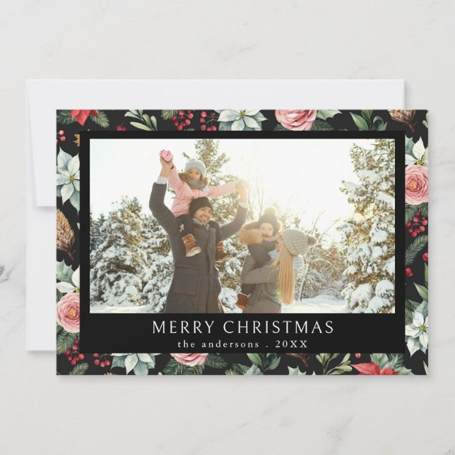 Blommigt för god jul Elegant Mörk  Foto Julkort (Framsida)