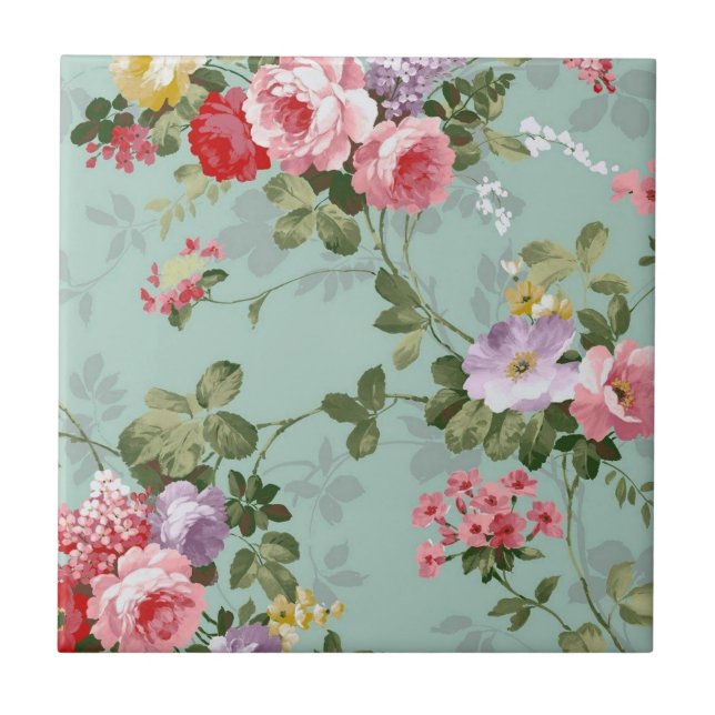 Blommigt för Grönt av vintage Kakelplatta (Framsidan)