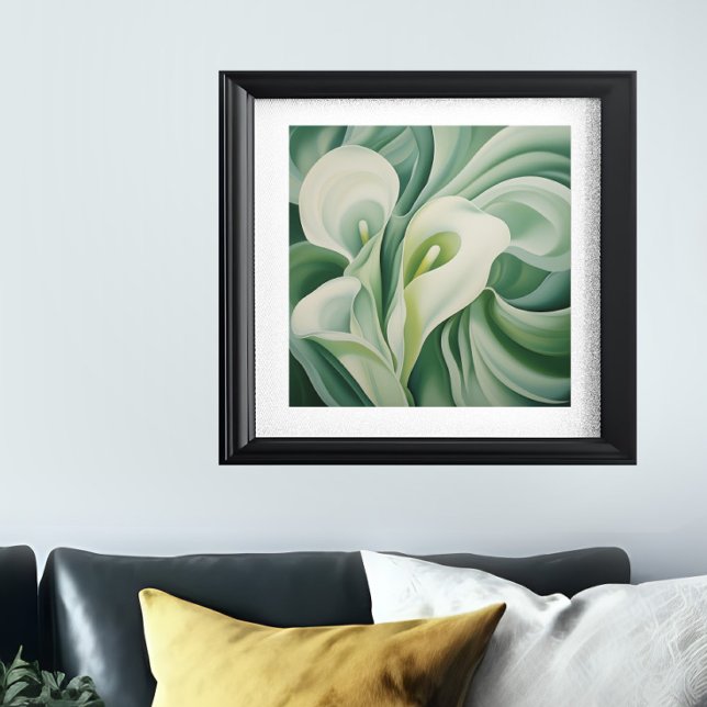 Blommigt för Grönt halvAbstrakt Poster (Sage green semi-abstract floral print is shown in a frame on a wall)