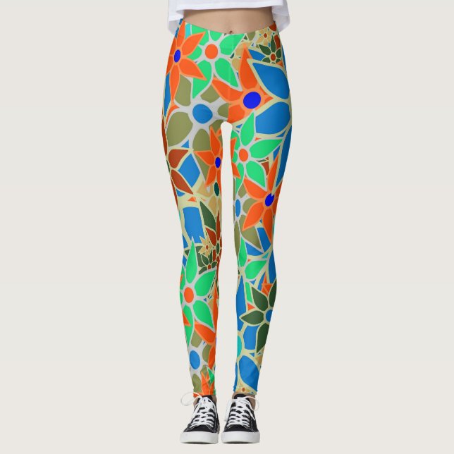 Blommigt för Grönten orange Blue Mint Leggings (Framsida)