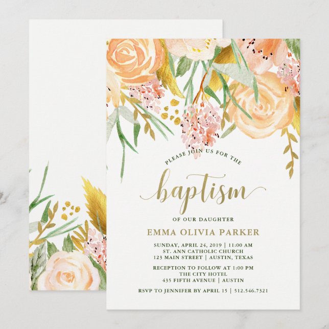 Blommigt för Guld vattenfärg på vitt| Baptism Inbjudningar (Fram/baksida)