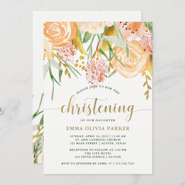 Blommigt för Guld vattenfärg på vitt| Omarbetning Inbjudningar (Fram/baksida)