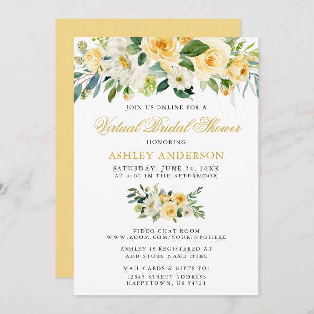 Blommigt för Gult för vattenfärg i virtuell Möhipp Inbjudningar (Fram/baksida)