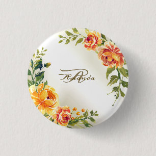 Blommigt för Gult i Monogram Namn Orange Greenery Knapp