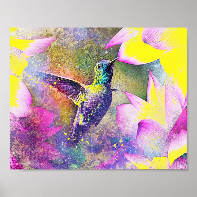 Blommigt för Gult och Lila Hummingbird Art Poster (Framsidan)