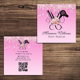 blommigt för hårstilist Sissor qr-kod rosa glitter Fyrkantigt Visitkort
