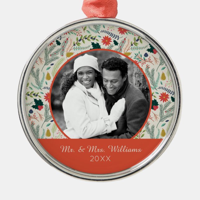 Blommigt för helgdag för god jul för helgdagfoto | julgransprydnad metall (Framsidan)