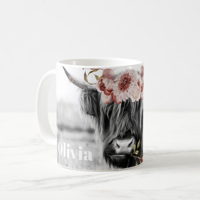 Blommigt för höglandskö | Westerna Cowgirl Namn Kaffemugg (Framsida vänster)