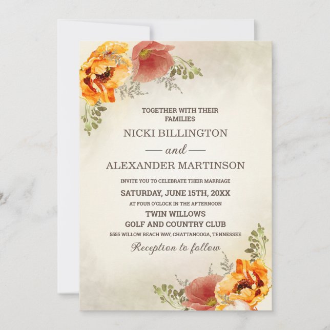 Blommigt för höstfälla Greenery Burnt Orange Bröll Inbjudningar (Framsida)