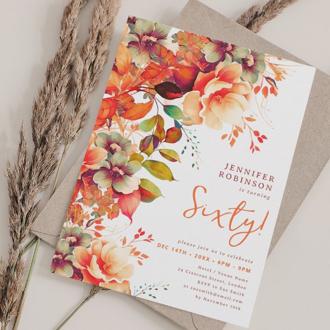 Blommigt för höstfärg vid hösten 60:e födelsedag inbjudningar (Fall Autumn Watercolor Floral 60th Birthday Invitation)