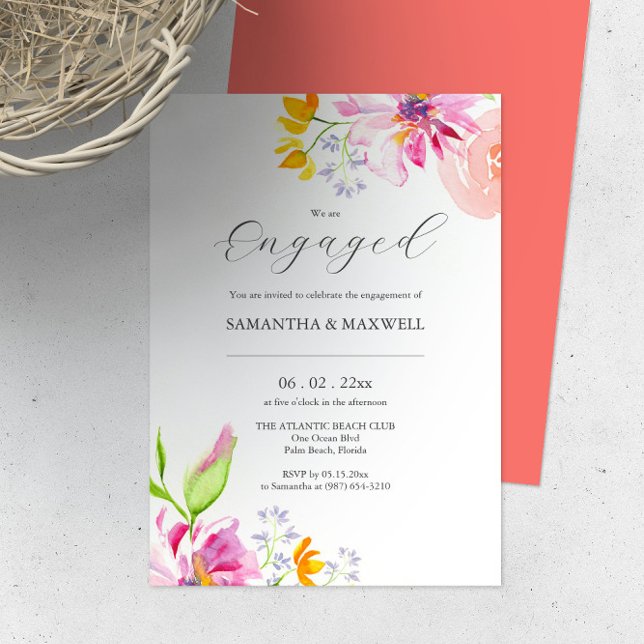 Blommigt för inbjudningar till Förlovningar för an (Engagement party invitations online features unique watercolor floral art by Victoria Grigaliunas)