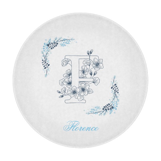 Blommigt för inledande "F"-Lugn med blå monogram (Framsidan)