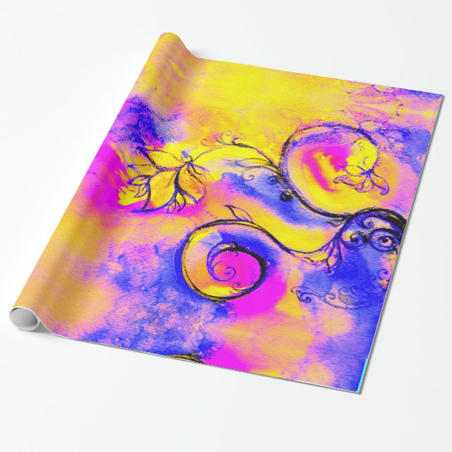 Blommigt FÖR JELLLOW BLUE ROSA WHIMSICAL FLOWERS F Presentpapper (Utrullad)