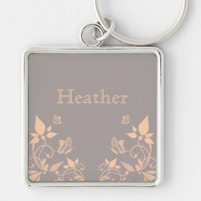 Blommigt för koral Butterfly Premium Keychain Fyrkantig Silverfärgad Nyckelring (Framsidan)