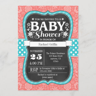 Blommigt för koral Teal Chalkboard Baby Shower Inb Inbjudningar