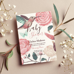 Blommigt för koral teal rosa hummingbird Baby Show Inbjudningar